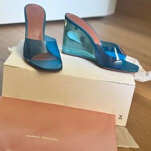 Amina Muaddi Blue Lupita Glass Wedge Heeled Sandals in 39

New/Never Worn